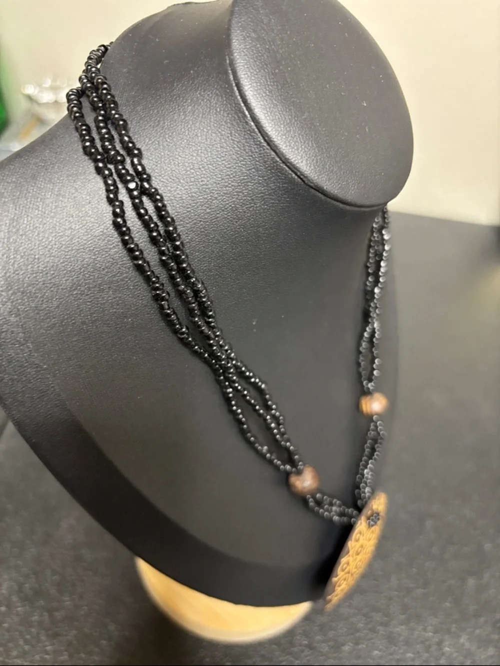 Carved Coconut Pendant Black Glass Bead Boho Necklace Resort